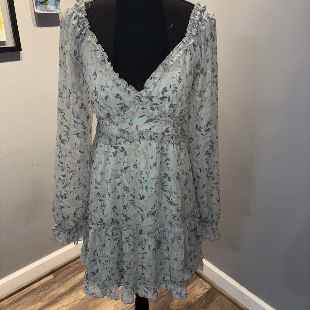 Alison + Kelly Mini Fit &Flare Dress Green Floral Babydoll Shear Peasant SzL